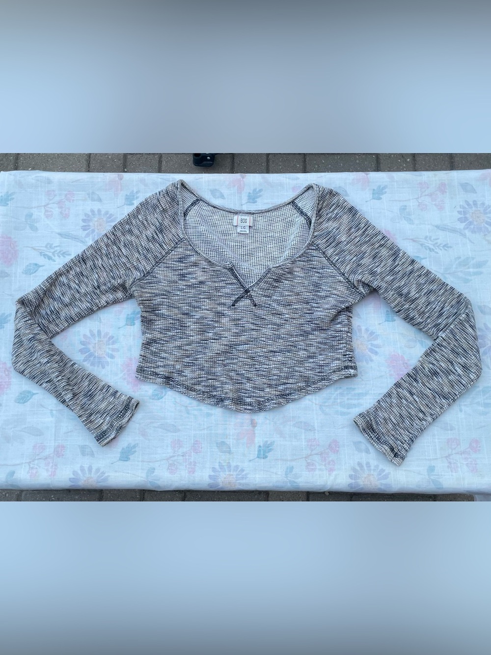 BDG Heathered Taupe Textured Cropped Notch Neck Long-Sleeve Top